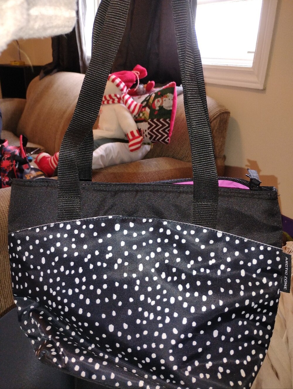 Black and White Polka Dot Lunch Bag with Pink Interior